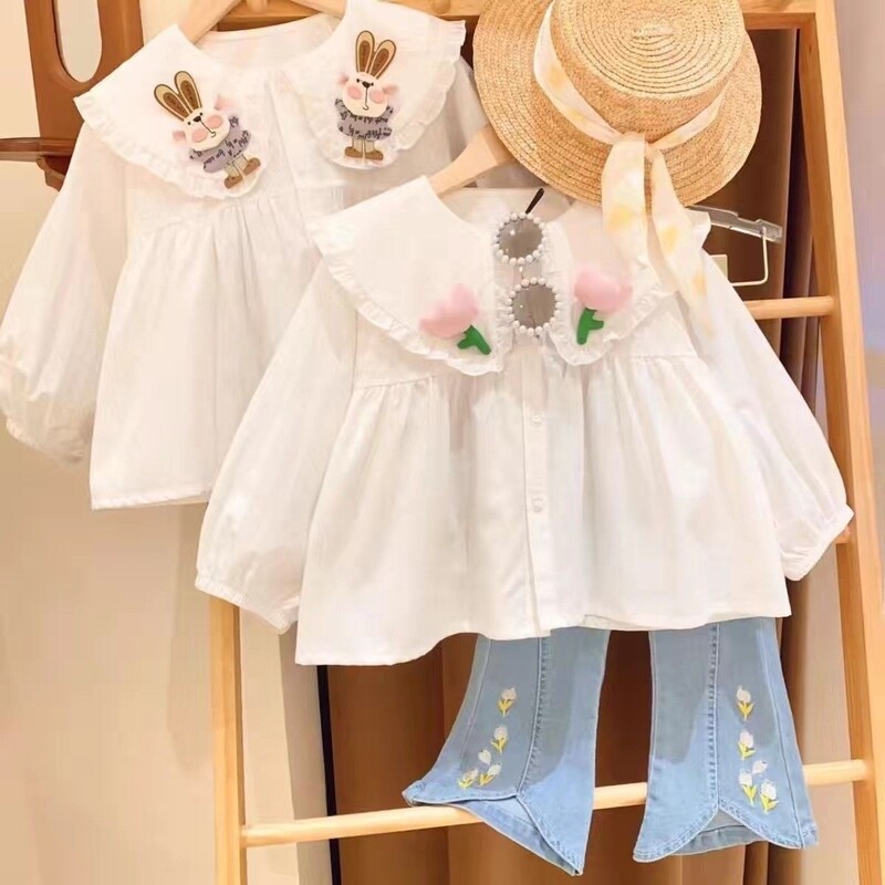 Kevad- ja sügisene tüdrukute särk Nukukaelus Lillede nukusärk Moodne Laste mitmekülgne särk Lääne-Korea Baby Top