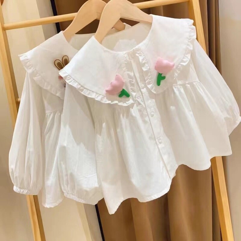 Kevad- ja sügisene tüdrukute särk Nukukaelus Lillede nukusärk Moodne Laste mitmekülgne särk Lääne-Korea Baby Top