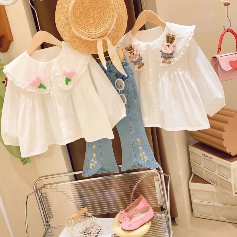 Kevad- ja sügisene tüdrukute särk Nukukaelus Lillede nukusärk Moodne Laste mitmekülgne särk Lääne-Korea Baby Top