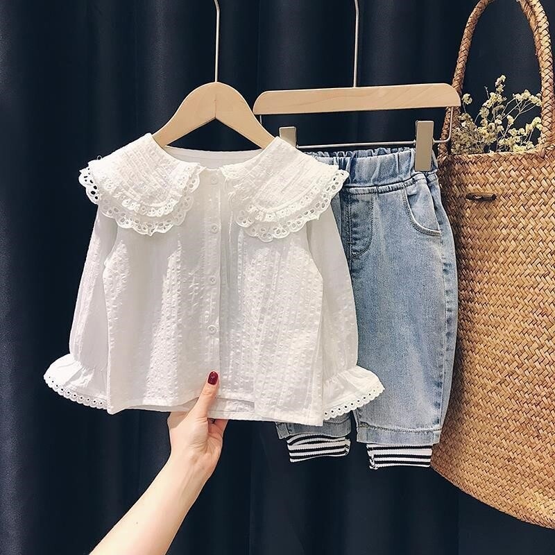 Odjeća za djevojčice Proljetna jesen Košulje za djevojčice Tanke bijele košulje Kardigan Ležerne majice dugih rukava za djevojčice Bijela Lolita bluza