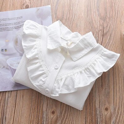 Βρεφικό πουκάμισο με πέτο για κορίτσια 2-9 ετών Παιδικό μονόχρωμο μονόχρωμο πουκάμισο κορεατικής έκδοσης βαμβακερό μακρυμάνικο πουκάμισο τοπ λευκό