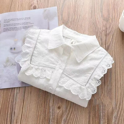 Βρεφικό πουκάμισο με πέτο για κορίτσια 2-9 ετών Παιδικό μονόχρωμο μονόχρωμο πουκάμισο κορεατικής έκδοσης βαμβακερό μακρυμάνικο πουκάμισο τοπ λευκό