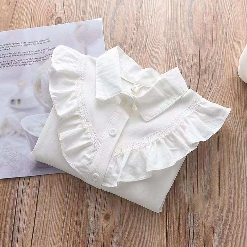 Βρεφικό πουκάμισο με πέτο για κορίτσια 2-9 ετών Παιδικό μονόχρωμο μονόχρωμο πουκάμισο κορεατικής έκδοσης βαμβακερό μακρυμάνικο πουκάμισο τοπ λευκό