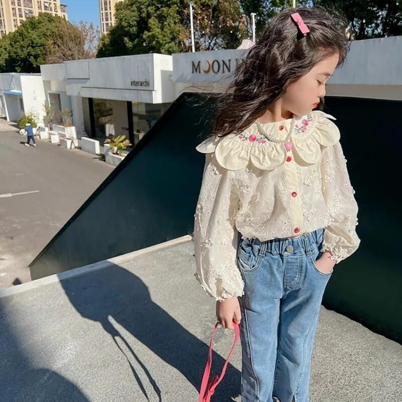 Laste särk mood kevad/suvi uus pitskraega särk Tüdrukute killustatud tikanditega vabaaja pikkade varrukatega särk beebi topp