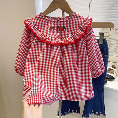 Cămăși cu broderie pentru fetițe drăguțe, primăvară, toamnă, cu mânecă lungă, bluză în carouri, bluză, guler Peter Pan, cămașă cu flori pentru copii