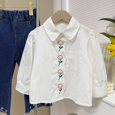 Armsad beebitüdrukute tikandid särgid kevad-sügis pikkade varrukatega laste tüdrukute ruuduline pluus Topid Peter Pan krae lilleline särk lastele