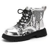 Детски ботуши до глезена 2024 г. Нови есенни противоплъзгащи се къси ботуши за момичета Модни бебешки детски кожени ботуши с пайети