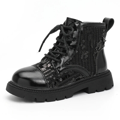 Детски ботуши до глезена 2024 г. Нови есенни противоплъзгащи се къси ботуши за момичета Модни бебешки детски кожени ботуши с пайети