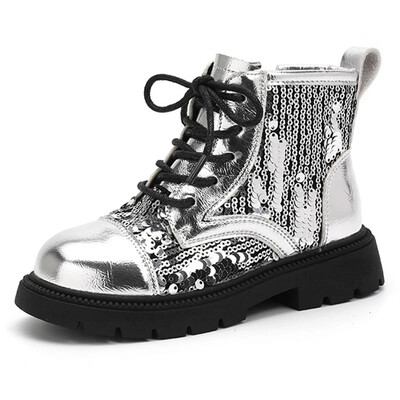 Детски ботуши до глезена 2024 г. Нови есенни противоплъзгащи се къси ботуши за момичета Модни бебешки детски кожени ботуши с пайети