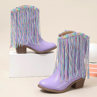 Μπότες για κορίτσια Φθινόπωρο Χειμώνας Μικρό παιδί Παιδική Πριγκίπισσα Μόδα Μεσαίωνα Μόσχων Καουμπόη Μπότες Παιδικά Ψηλοτάκουνα Φούντα Χορού Μαλακά παπούτσια