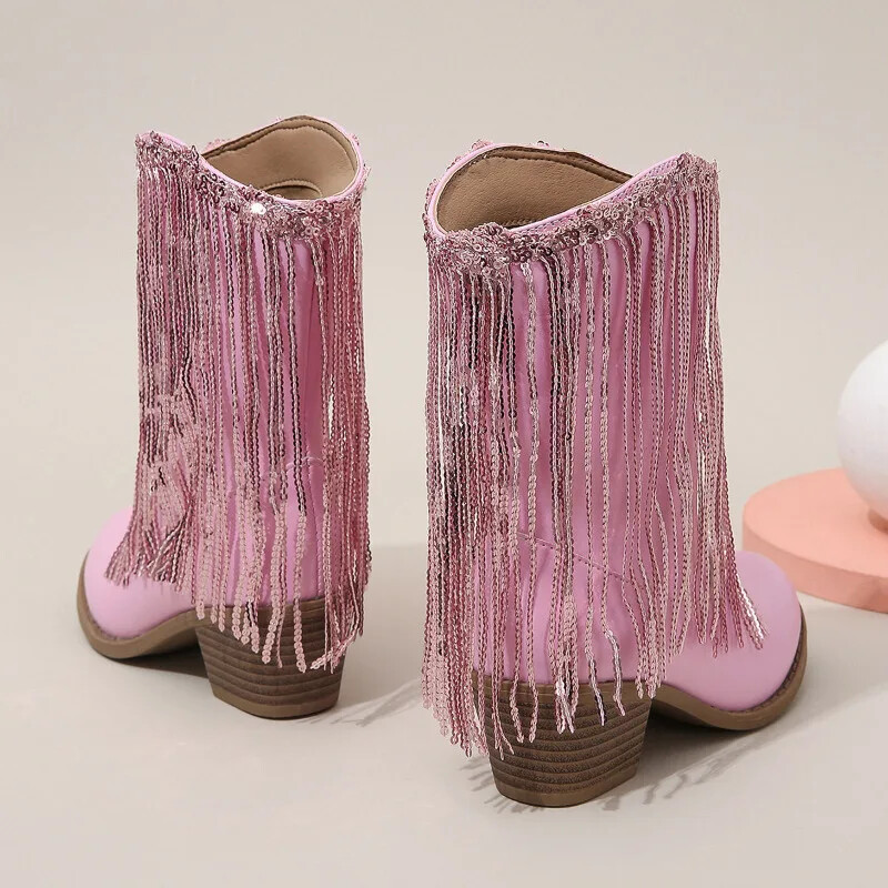 Μπότες για κορίτσια Φθινόπωρο Χειμώνας Μικρό παιδί Παιδική Πριγκίπισσα Μόδα Μεσαίωνα Μόσχων Καουμπόη Μπότες Παιδικά Ψηλοτάκουνα Φούντα Χορού Μαλακά παπούτσια