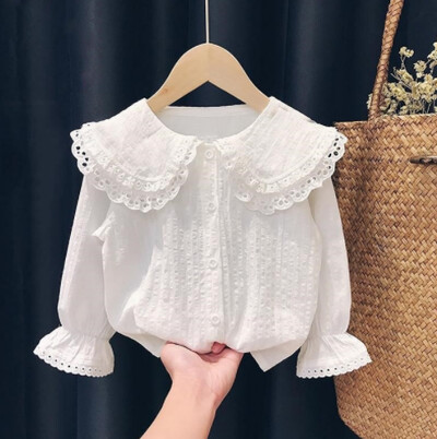 Cămăși de primăvară de toamnă pentru fetiță coreeană, de culoare uni, guler din dantelă, cu mânecă lungă, pentru copii, fete, topuri, cămăși pentru fetiță