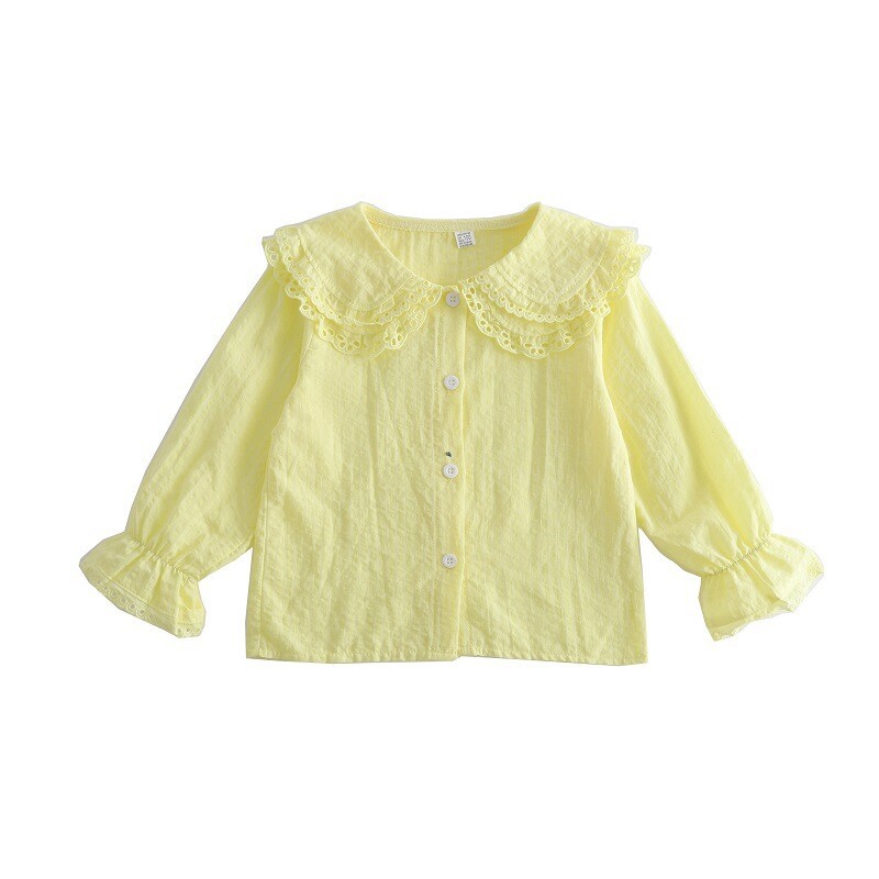 Cămăși de primăvară de toamnă pentru fetiță coreeană, de culoare uni, guler din dantelă, cu mânecă lungă, pentru copii, fete, topuri, cămăși pentru fetiță