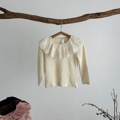 2024. aasta sügise laste tüdrukute pitskraega alussärk, soliidne pikkade varrukatega beebitüdruku pulloverid, mis sobivad imikutele tüdrukutele