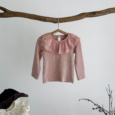 2024. aasta sügise laste tüdrukute pitskraega alussärk, soliidne pikkade varrukatega beebitüdruku pulloverid, mis sobivad imikutele tüdrukutele