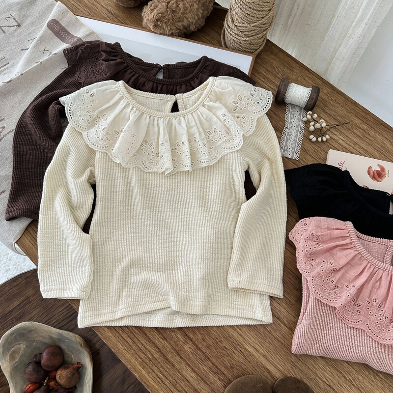 2024. aasta sügise laste tüdrukute pitskraega alussärk, soliidne pikkade varrukatega beebitüdruku pulloverid, mis sobivad imikutele tüdrukutele