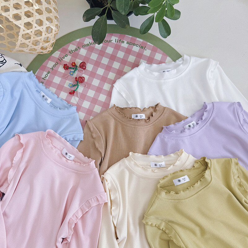 Uus kevadine sügisene väikelaste tüdrukute ülaosa puuvillane soliidne, pehme ja pehme tüdrukute särgid, lihtsad pikkade varrukatega, mitmekülgne laste, tüdrukute alussärk