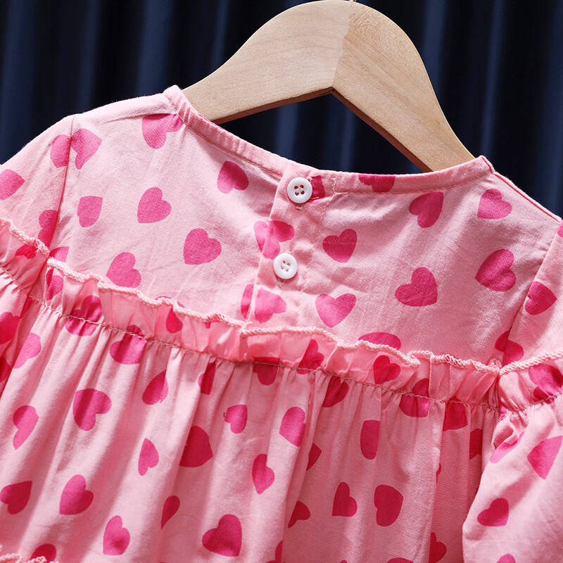 Корейска пролетна есенна детска риза за момичета с щампа на розови сърца, дантела с дълъг ръкав, памучна детска блуза за бебешки момичета, сладки горнища за малки момичета