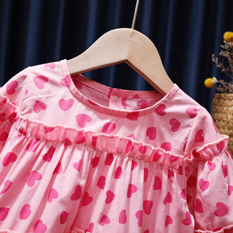Корейска пролетна есенна детска риза за момичета с щампа на розови сърца, дантела с дълъг ръкав, памучна детска блуза за бебешки момичета, сладки горнища за малки момичета