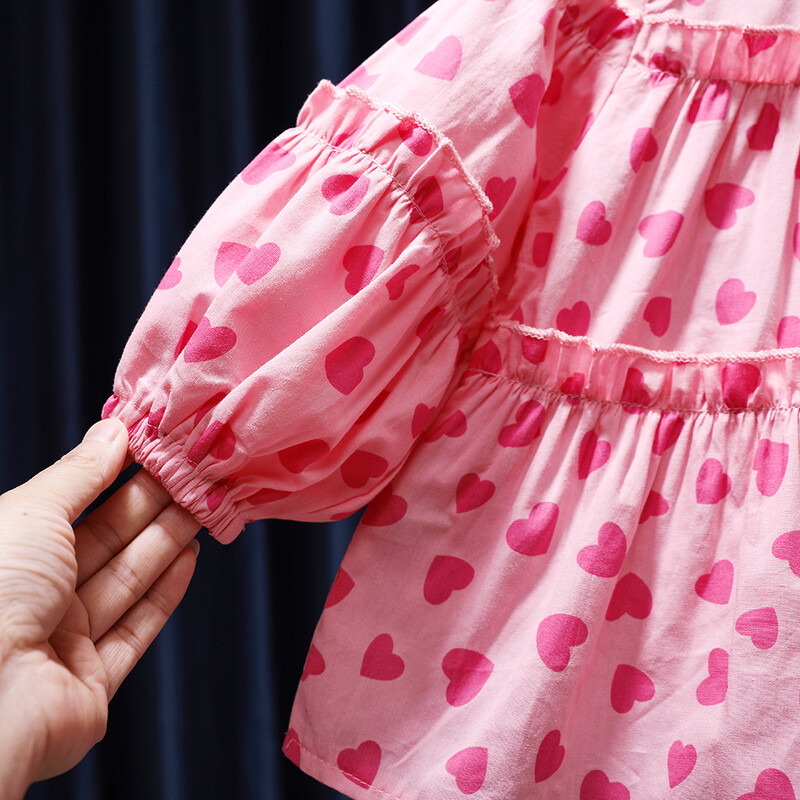 Корейска пролетна есенна детска риза за момичета с щампа на розови сърца, дантела с дълъг ръкав, памучна детска блуза за бебешки момичета, сладки горнища за малки момичета