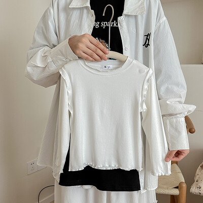 Lastele Tüdrukutele Sügisene alussärk Puuvillane Ruched Solid pikkade varrukatega Väikelapse Tüdrukute Top Korea Mitmekülgsed Imikutele Tüdrukutele Stretch Särgid