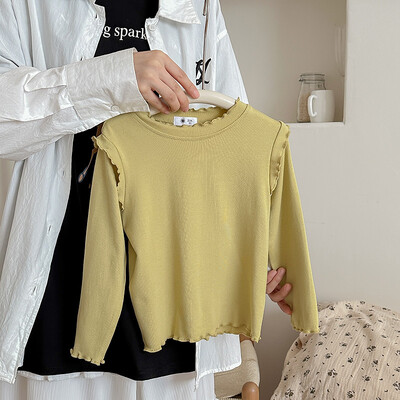 Lastele Tüdrukutele Sügisene alussärk Puuvillane Ruched Solid pikkade varrukatega Väikelapse Tüdrukute Top Korea Mitmekülgsed Imikutele Tüdrukutele Stretch Särgid