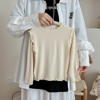 Lastele Tüdrukutele Sügisene alussärk Puuvillane Ruched Solid pikkade varrukatega Väikelapse Tüdrukute Top Korea Mitmekülgsed Imikutele Tüdrukutele Stretch Särgid