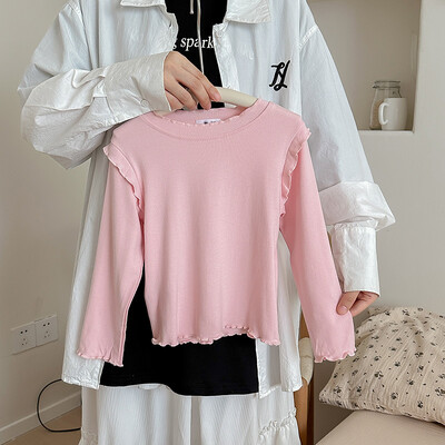 Lastele Tüdrukutele Sügisene alussärk Puuvillane Ruched Solid pikkade varrukatega Väikelapse Tüdrukute Top Korea Mitmekülgsed Imikutele Tüdrukutele Stretch Särgid