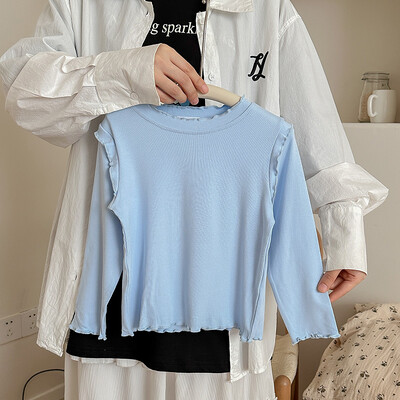 Lastele Tüdrukutele Sügisene alussärk Puuvillane Ruched Solid pikkade varrukatega Väikelapse Tüdrukute Top Korea Mitmekülgsed Imikutele Tüdrukutele Stretch Särgid