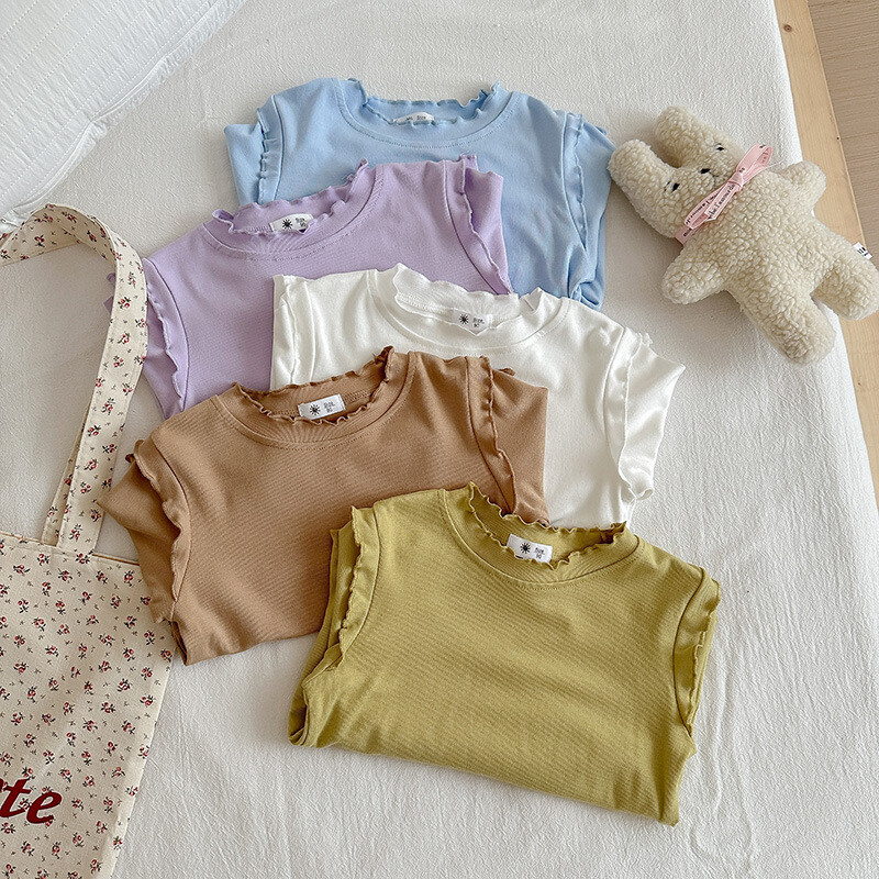 Lastele Tüdrukutele Sügisene alussärk Puuvillane Ruched Solid pikkade varrukatega Väikelapse Tüdrukute Top Korea Mitmekülgsed Imikutele Tüdrukutele Stretch Särgid