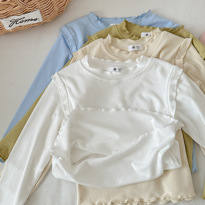 Lastele Tüdrukutele Sügisene alussärk Puuvillane Ruched Solid pikkade varrukatega Väikelapse Tüdrukute Top Korea Mitmekülgsed Imikutele Tüdrukutele Stretch Särgid