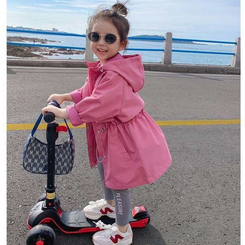 2024. aasta kuumaks müüdav kevad-sügis tüdrukute mantel, pika vöökohaga, kokkutõmmatavad kapuutsid Tuulejope 3–12-aastastele lastele