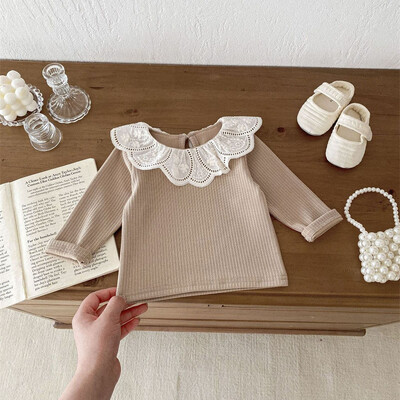 Βρεφικά ρούχα Φθινοπωρινά βρεφικά κοριτσίστικα μακρυμάνικα μπλουζάκια με δαντέλα Lotus γιακά πριγκίπισσα Παιδικό πουκάμισο με ραβδώσεις με κάτω βαμβακερό μπλουζάκι για νήπια