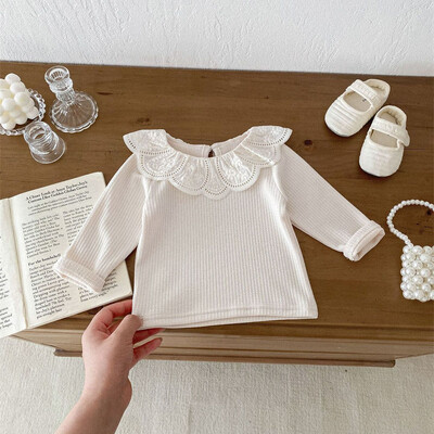 Βρεφικά ρούχα Φθινοπωρινά βρεφικά κοριτσίστικα μακρυμάνικα μπλουζάκια με δαντέλα Lotus γιακά πριγκίπισσα Παιδικό πουκάμισο με ραβδώσεις με κάτω βαμβακερό μπλουζάκι για νήπια