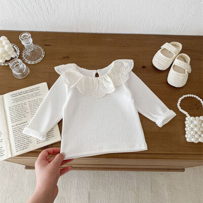 Βρεφικά ρούχα Φθινοπωρινά βρεφικά κοριτσίστικα μακρυμάνικα μπλουζάκια με δαντέλα Lotus γιακά πριγκίπισσα Παιδικό πουκάμισο με ραβδώσεις με κάτω βαμβακερό μπλουζάκι για νήπια