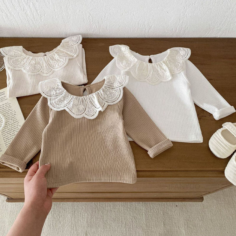 Βρεφικά ρούχα Φθινοπωρινά βρεφικά κοριτσίστικα μακρυμάνικα μπλουζάκια με δαντέλα Lotus γιακά πριγκίπισσα Παιδικό πουκάμισο με ραβδώσεις με κάτω βαμβακερό μπλουζάκι για νήπια