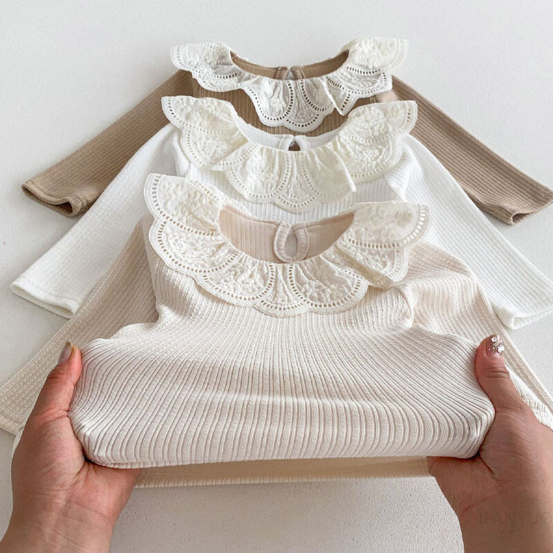 Βρεφικά ρούχα Φθινοπωρινά βρεφικά κοριτσίστικα μακρυμάνικα μπλουζάκια με δαντέλα Lotus γιακά πριγκίπισσα Παιδικό πουκάμισο με ραβδώσεις με κάτω βαμβακερό μπλουζάκι για νήπια