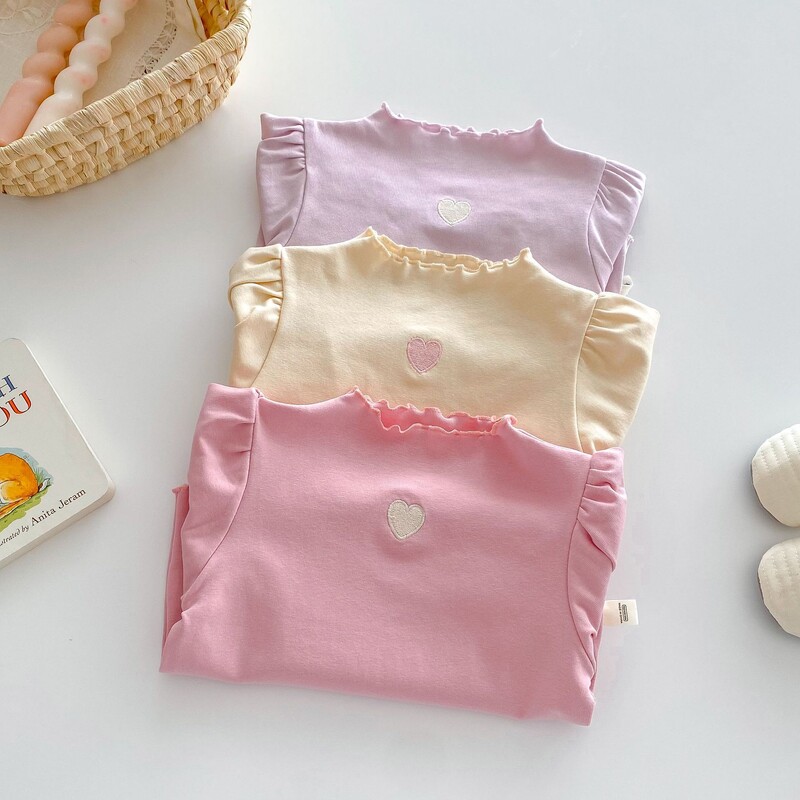Potkošulje za djevojčice od 0 do 5 godina Proljeće Jesen Pune košulje s vezom u obliku srca s rubovima i vezom Jednobojne kratke majice za djevojčice
