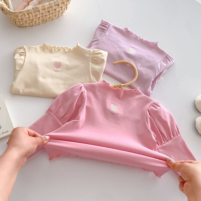 Potkošulje za djevojčice od 0 do 5 godina Proljeće Jesen Pune košulje s vezom u obliku srca s rubovima i vezom Jednobojne kratke majice za djevojčice