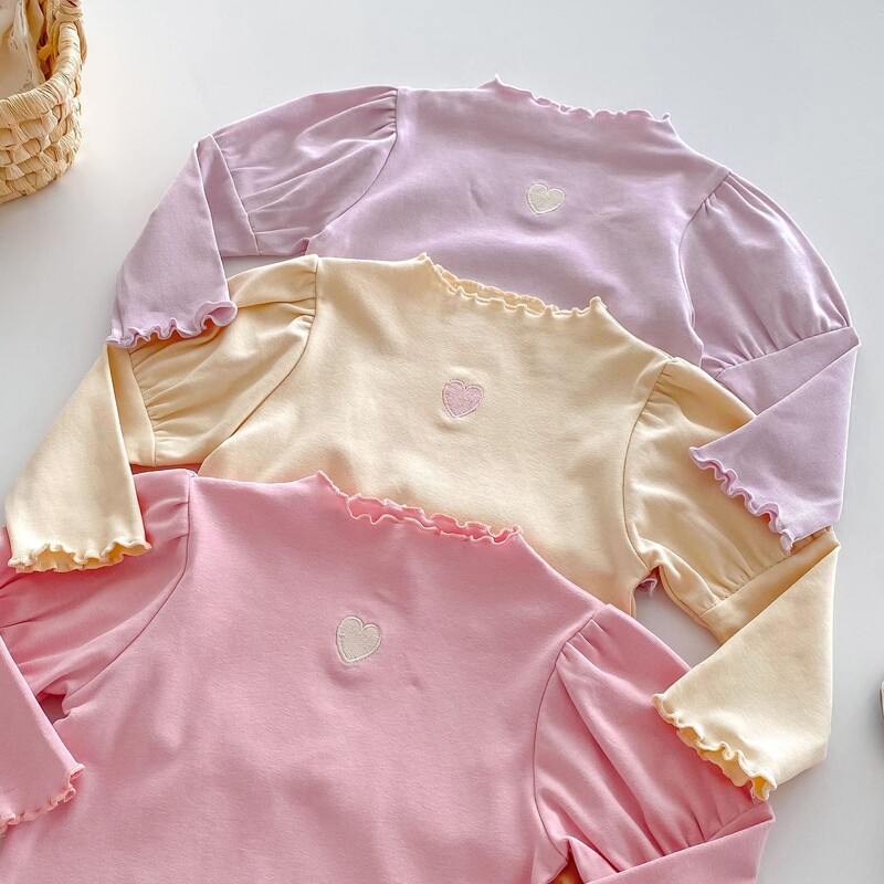 Potkošulje za djevojčice od 0 do 5 godina Proljeće Jesen Pune košulje s vezom u obliku srca s rubovima i vezom Jednobojne kratke majice za djevojčice