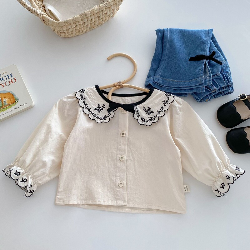 Cămăși noi de toamnă pentru fetițe, guler Peter Pan, broderie florală, bluze pentru fetițe mici, cu fundiță, petice retro, bluze pentru fetițe