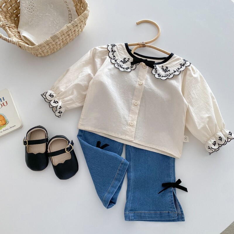 Cămăși noi de toamnă pentru fetițe, guler Peter Pan, broderie florală, bluze pentru fetițe mici, cu fundiță, petice retro, bluze pentru fetițe