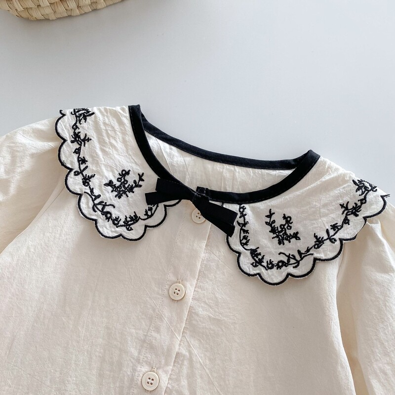 Cămăși noi de toamnă pentru fetițe, guler Peter Pan, broderie florală, bluze pentru fetițe mici, cu fundiță, petice retro, bluze pentru fetițe