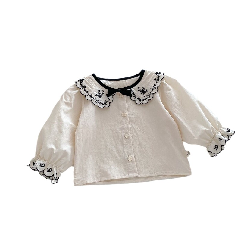 Cămăși noi de toamnă pentru fetițe, guler Peter Pan, broderie florală, bluze pentru fetițe mici, cu fundiță, petice retro, bluze pentru fetițe