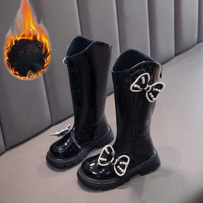 Dječja čizmica Jesen Zima Moda Lakirane Čizme za djevojčice Tople plišane Princess Duge čizme Sweet Bow Pearl Dječje cipele Botas