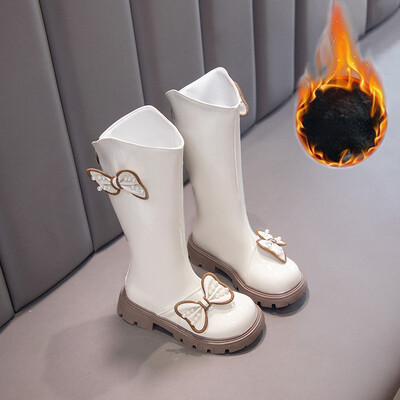 Dječja čizmica Jesen Zima Moda Lakirane Čizme za djevojčice Tople plišane Princess Duge čizme Sweet Bow Pearl Dječje cipele Botas