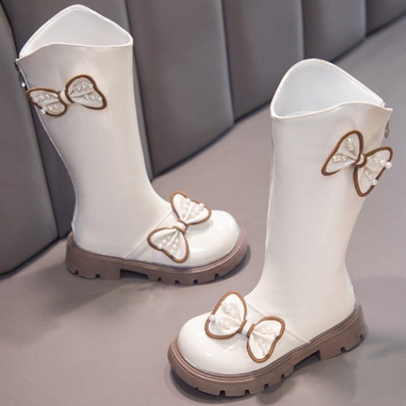 Dječja čizmica Jesen Zima Moda Lakirane Čizme za djevojčice Tople plišane Princess Duge čizme Sweet Bow Pearl Dječje cipele Botas