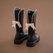 Детски обувки за момиче Памучни обувки с мека подметка Зимни дълги кожени ботуши Ботуши на принцеса с перлени ръбове Ботуши със средна дължина с панделка Mary Jane Boots Chaussure