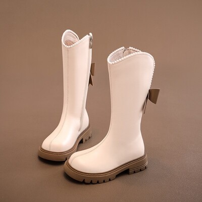 Детски обувки за момиче Памучни обувки с мека подметка Зимни дълги кожени ботуши Ботуши на принцеса с перлени ръбове Ботуши със средна дължина с панделка Mary Jane Boots Chaussure