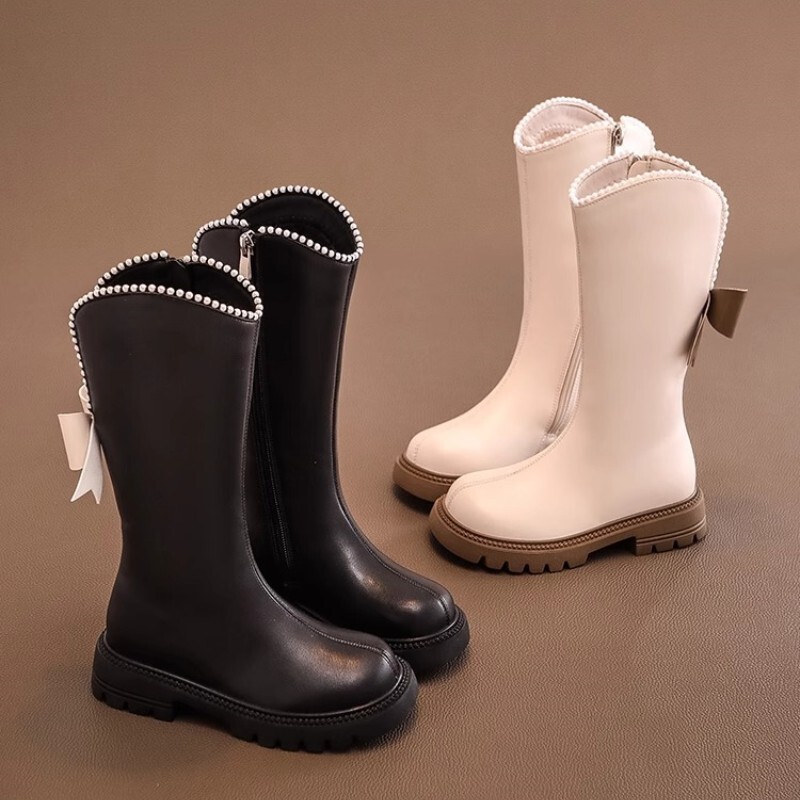 Детски обувки за момиче Памучни обувки с мека подметка Зимни дълги кожени ботуши Ботуши на принцеса с перлени ръбове Ботуши със средна дължина с панделка Mary Jane Boots Chaussure